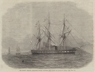 Het Russische fregat Alexander Newsky laat haar anker vallen in Plymouth Sound